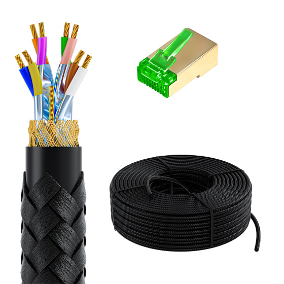 Купить GCR PRO Кабель LAN DIY витая пара в бухте S/FTP кат.8 медь в оплетке текстиль + коннекторы RJ-45 8p8c GCR-57725 — российского бренда GCR