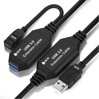 GCR PRO Удлинитель активный 10.0m(5.0m + 5.0m) USB 3.0 (USB 3.2 Gen 1) AM/AF, OD:5.0mm, медь, черный, с 2-мя усилителями сигнала, доп.питание micro