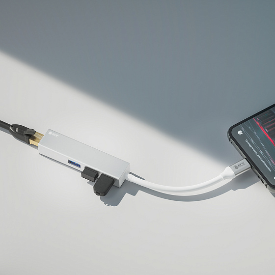 Купить GCR PRO USB Hub Type-C 4в1 на 3xUSB 3.0 5Gbps + Gigabit Ethernet RJ45   GCR-54603 — российского бренда GCR