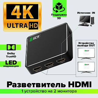 Разветвитель 1 вход - устройство на 2 выхода - дисплей, монитор, TV, проектор, для дублирования изображения HDMI 2.0, сплиттер с усилителем сигнала по кабелю HDMI 4K, Dolby, HDCP 1.4