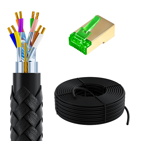 Купить GCR PRO Кабель LAN DIY витая пара в бухте F/FTP кат.7 медь в оплетке текстиль + коннекторы RJ-45 8p8c GCR-57946 — российского бренда GCR