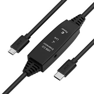 Активный кабель с усилителем сигнала Type-C / MicroB USB 2.0 с усилителем сигнала + разъём для доп.питания LED-индикаторы