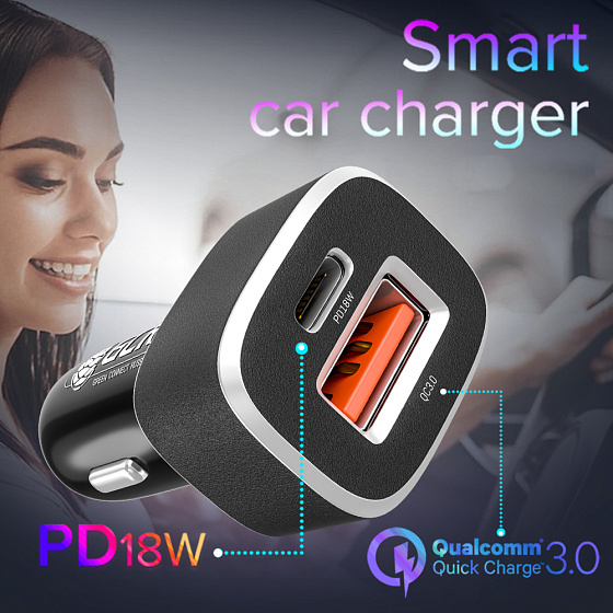 Купить GCR Автомобильное зарядное устройство 2в1 USB QC3.0 + Type-C PD 18W GCR-52281 — российского бренда GCR