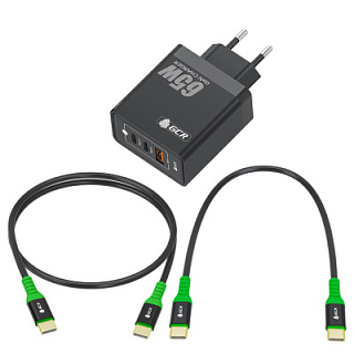 GCR PRO Set Power Charger GaNInfinity 3in1 65W QC/PD+2 Type-C Cables PD 60W