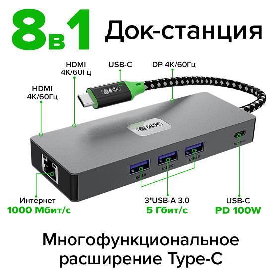 Купить GCR PRO Док-станция 8в1 Type-C USB Hub 5Gbps PD 100W 4K60Hz HDMI/DP RJ45 1000Mbps GCR-57158 — российского бренда GCR