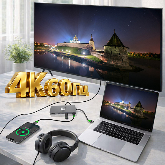 Купить GCR PRO Док-станция 11в1 Type-C USB HUB 10Gbps PD 100W 4K60Hz HDMI DP VGA RJ45 1000Mbps GCR-57175 — российского бренда GCR