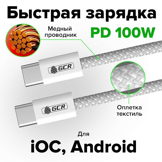 Купить GCR PRO Кабель Type-C/Type-C 100W PD быстрая зарядка в оплетке текстиль GCR-55683 — российского бренда GCR