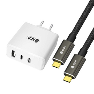 Комплект от GCR СЗУ 100W, 1 USB + 2 TypeC, GaN Tech Quick Charger, PD 3.0, белый + кабель 1.0m TypeC Thunderbolt 4, черный