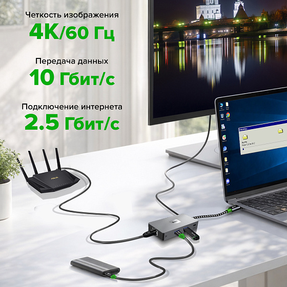 Купить GCR PRO Док-станция 7в1 USB Type-C на Type-C PD 100W + 2*USB3.2 + HDMI 4K60Hz + RJ45 2.5G + TF/SD 3.0 GCR-57159 — российского бренда GCR