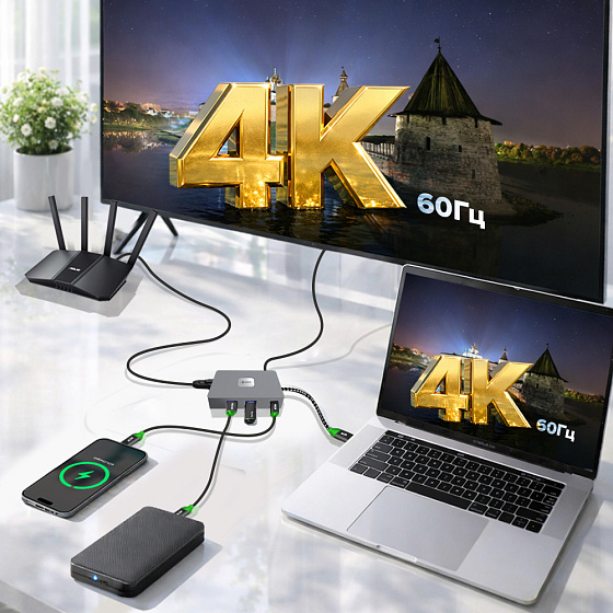 Купить GCR PRO Док-станция 6в1 USB Type-C на Type-C PD 100W + 3*USB3.2 + HDMI 4K60Hz + RJ45 1000Mbps GCR-57173 — российского бренда GCR