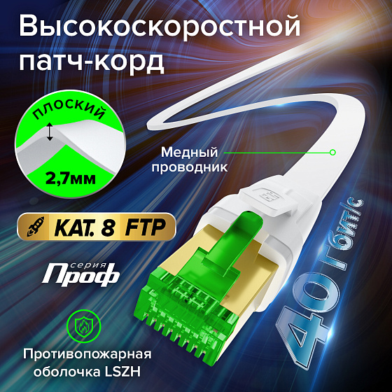 Купить GCR Патч-корд плоский LSZH PROF кат.8 FTP медь RJ45 GOLD T568B GCR-55864 — российского бренда GCR