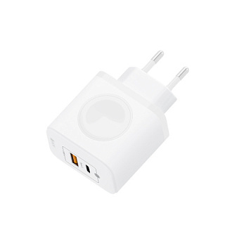 GCR PRO Сетевое зарядное устройство 3в1, GaN Tech USB QC 3.0 + Type-C PD 20W + магнитная зарядка для Apple Watch, белый