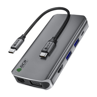 GCR PRO Док-станция TypeC 10в1 на HDMI + VGA + RJ45 + USB 3.0 (USB 3.2 Gen 1) x3 + SD/MicroSD + TypeC PD + Audio 