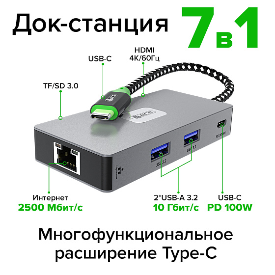 Купить GCR PRO Док-станция 7в1 USB Type-C на Type-C PD 100W + 2*USB3.2 + HDMI 4K60Hz + RJ45 2.5G + TF/SD 3.0 GCR-57159 — российского бренда GCR