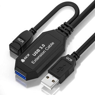 GCR PRO Удлинитель активный 7.5m USB 3.0 (USB 3.2 Gen 1), AM/AF, OD:5.0mm, медь, черный, с усилителем сигнала, доп.питание micro