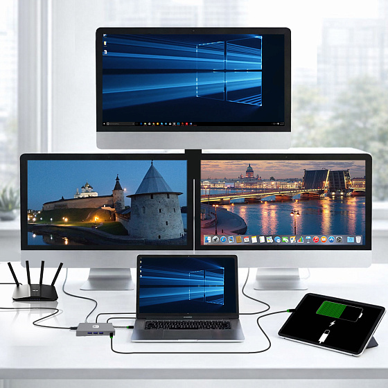 Купить GCR PRO Док-станция 8в1 Type-C USB Hub 5Gbps PD 100W 4K60Hz HDMI/DP RJ45 1000Mbps GCR-57158 — российского бренда GCR