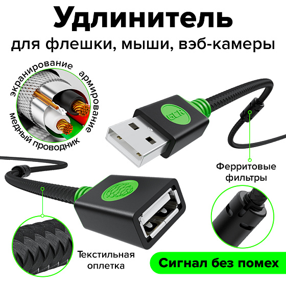 Купить GCR PRO Удлинитель PROF USB 2.0 AM/AF в оплетке текстиль экран армирование GCR-57662 — российского бренда GCR